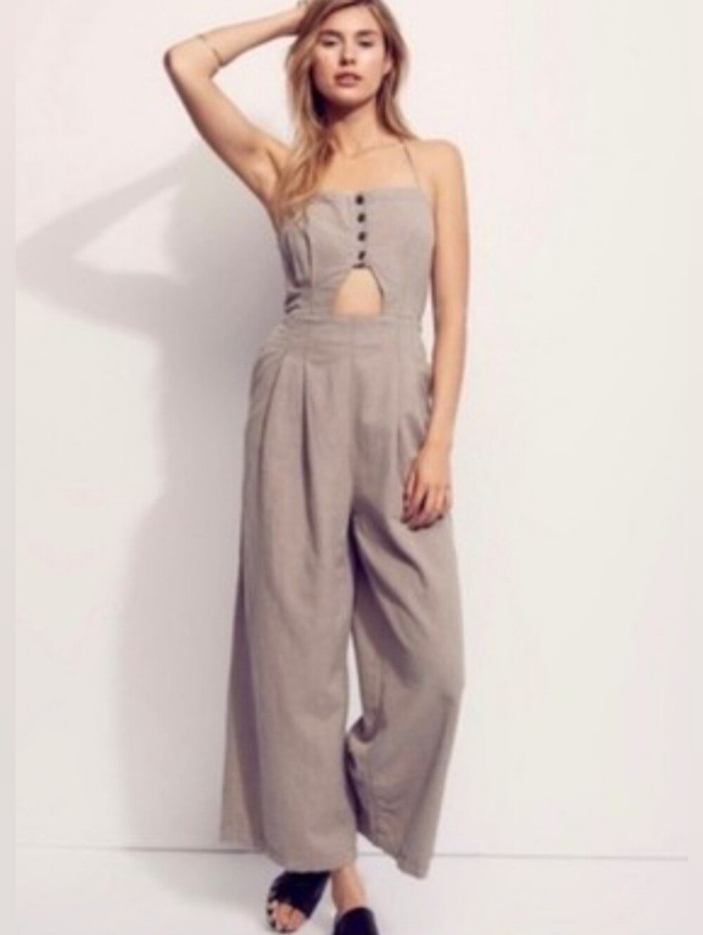 Free People Women's Marbella Linen  Cutout  One Piece Jumpsuit Wide Leg